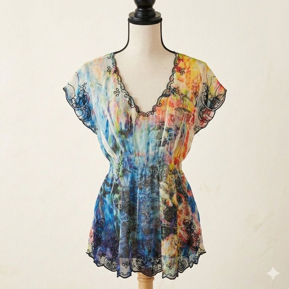 Vtg Y2K Mushka Sienna Rose Colorful Floral Embroidered Chiffon Tunic Top SZ M